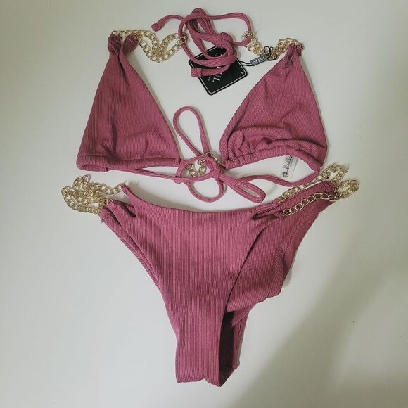 New Zaful Ribbed Bikini with Gold Hardware Size 8 NWT - Picture 1 of 9